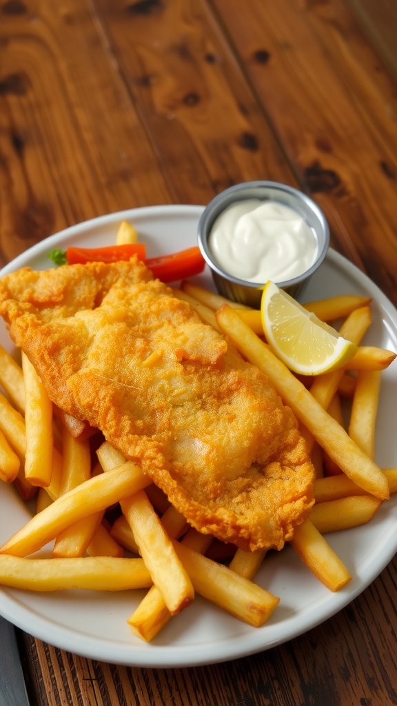 Crispy beer-battered fish with golden fries, served with tartar sauce and lemon on a wooden table.